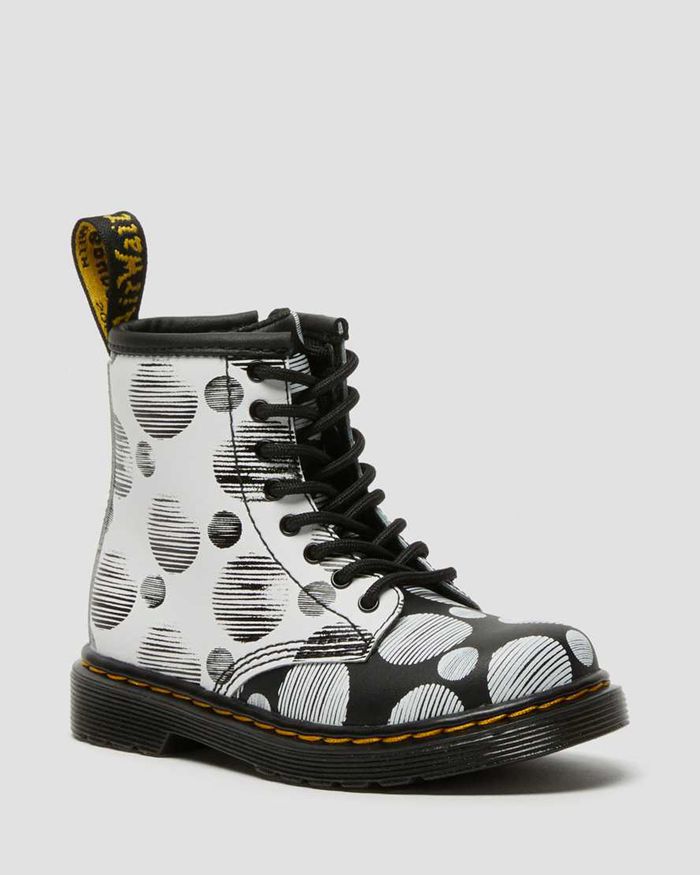 Dr Martens Støvler Barn Hvite/Svart Toddler 1460 Polka Dot Læder Lace Up 4968CBFKT